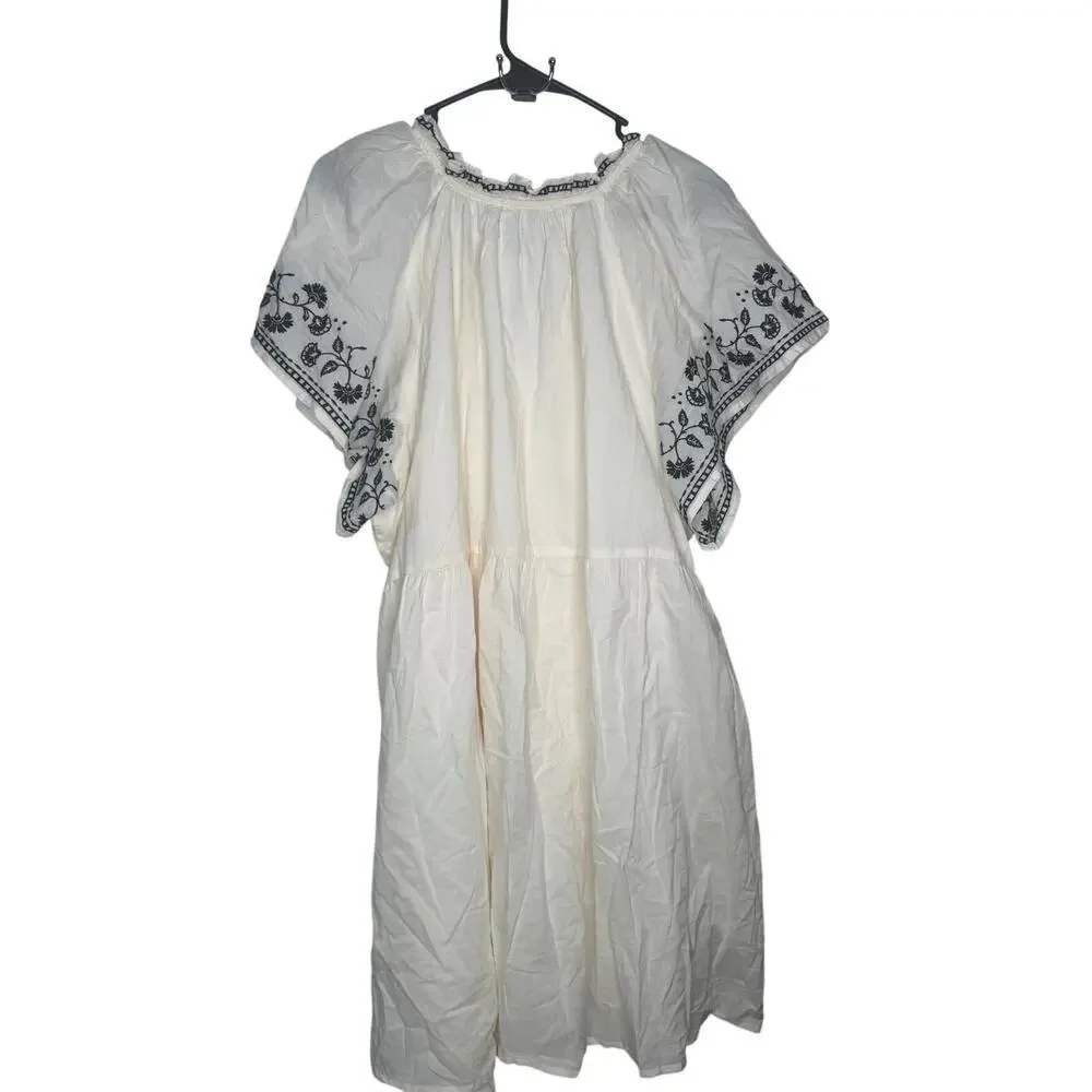 Old Navy Embroidered Mini Swing Dress XL Boho Cottage Pockets 100% Cotton - Picture 3 of 6